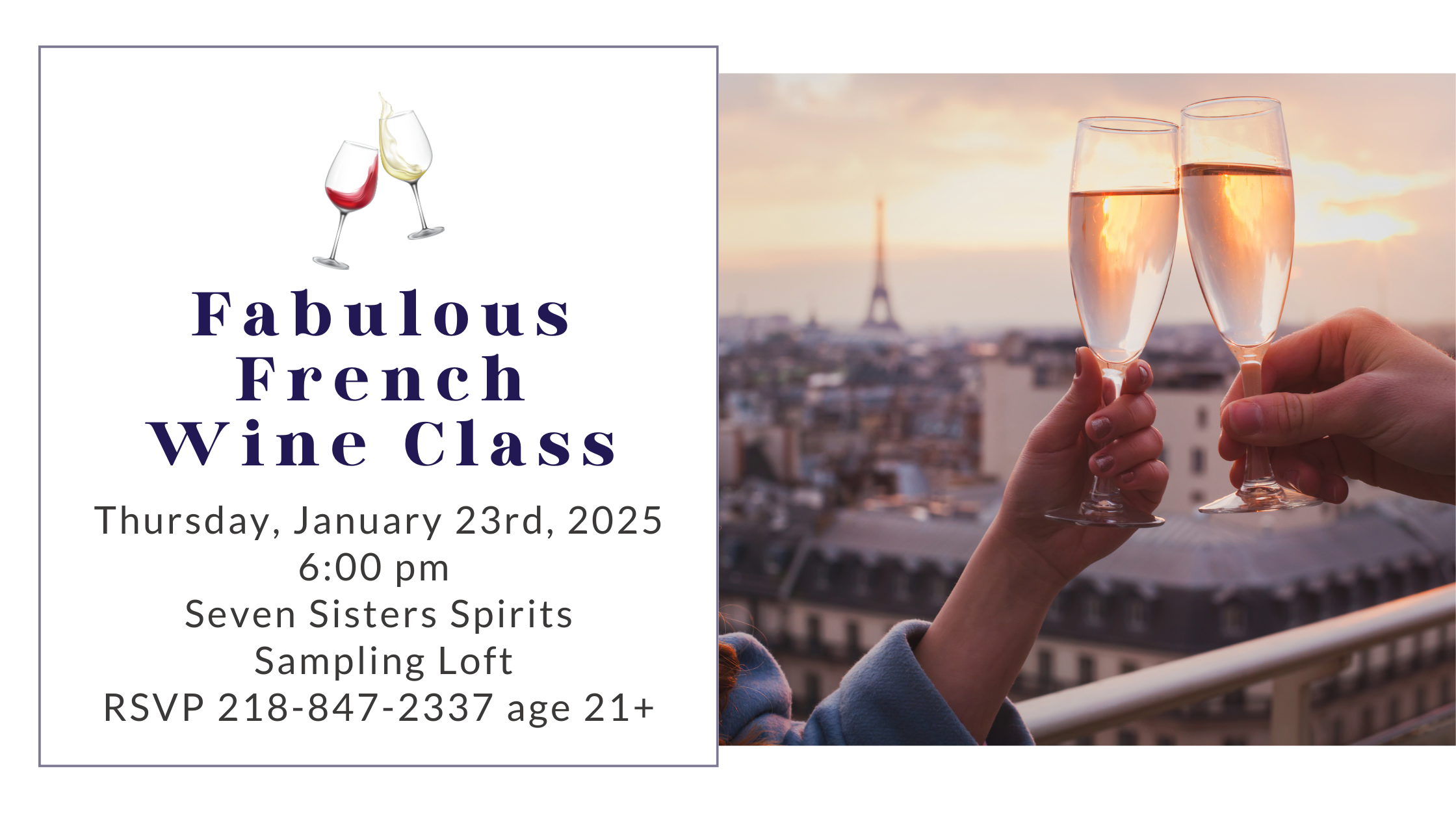 Fabulous French Wines Class • Thursday, January 23rd, 2025 at 6 pm at Seven Sisters Spirits